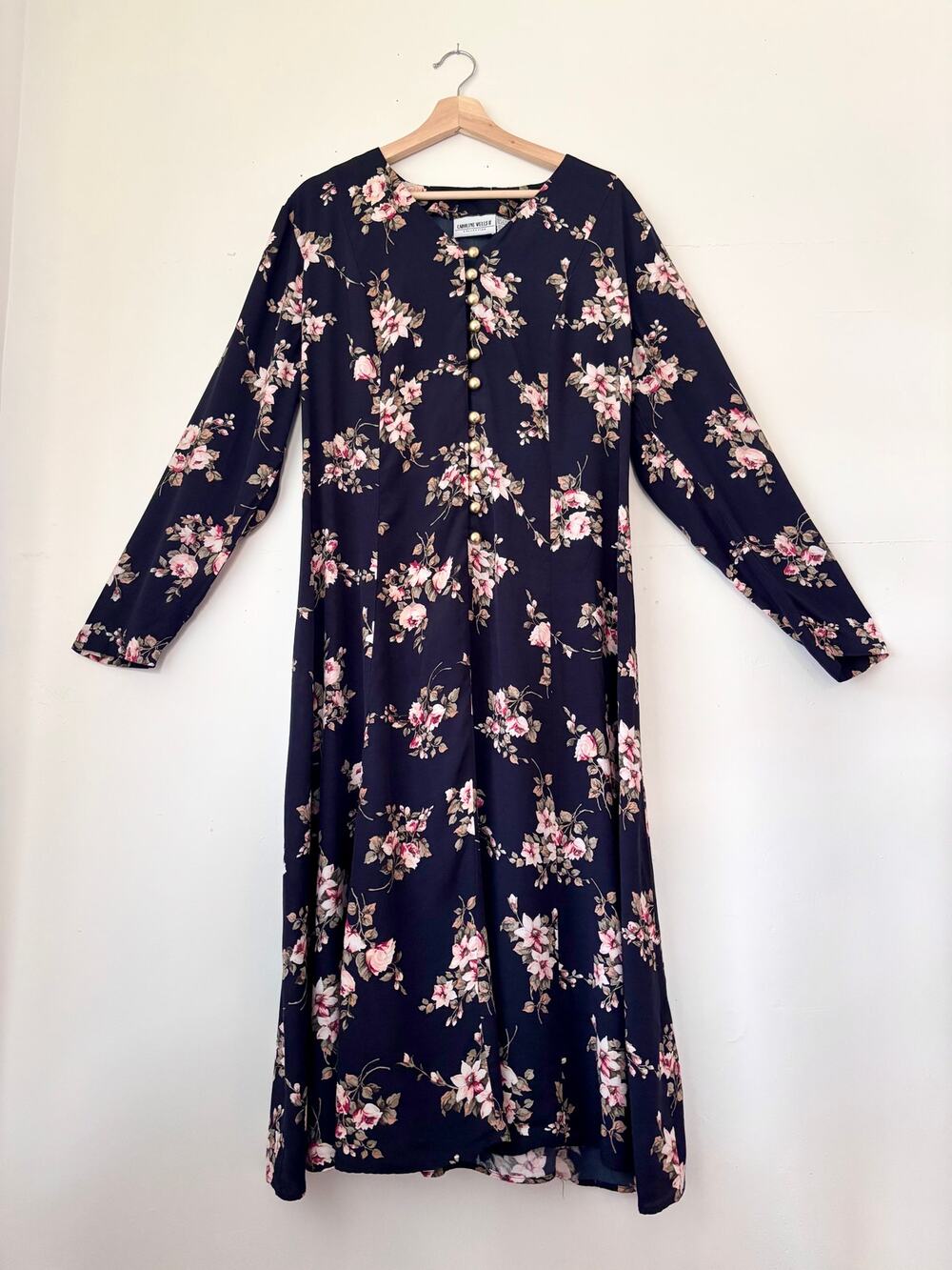 Vintage 90s Black Longsleeve Rayon Floral Dress- Size XL, Grunge Boho Chic